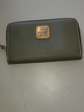 Dooney & Bourke Olive Pebbled Leather Zip Wallet with Brass Plaque